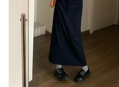 High-Waist Maxi A-Line Skirt, Ruffle Cardigan, and Bow Brooch Set