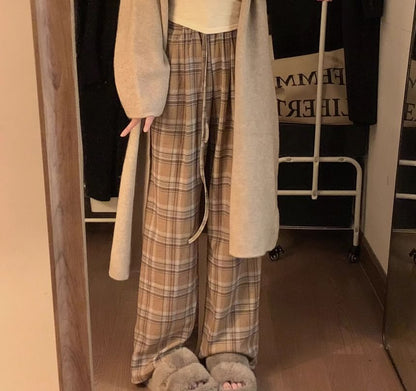 Solid Front-Open Cardigan & High-Waist Checkered Trousers