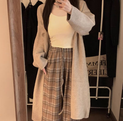 Solid Front-Open Cardigan & High-Waist Checkered Trousers