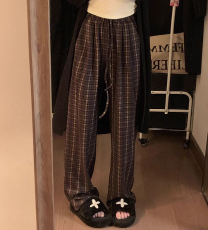 Solid Front-Open Cardigan & High-Waist Checkered Trousers