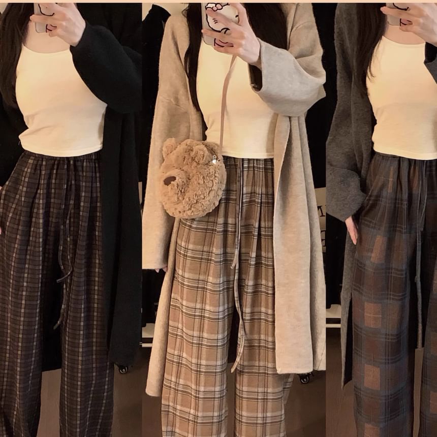 Solid Front-Open Cardigan & High-Waist Checkered Trousers