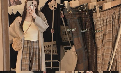 Solid Front-Open Cardigan & High-Waist Checkered Trousers