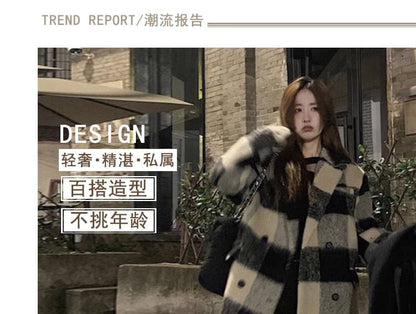 Lapel Collar Plaid Midi Double-Breasted Coat