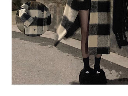 Lapel Collar Plaid Midi Double-Breasted Coat