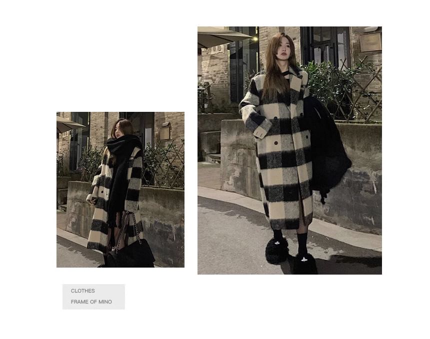Lapel Collar Plaid Midi Double-Breasted Coat