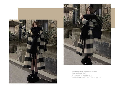Lapel Collar Plaid Midi Double-Breasted Coat