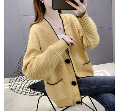 Contrast Trim Button-Up Cardigan
