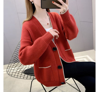 Contrast Trim Button-Up Cardigan