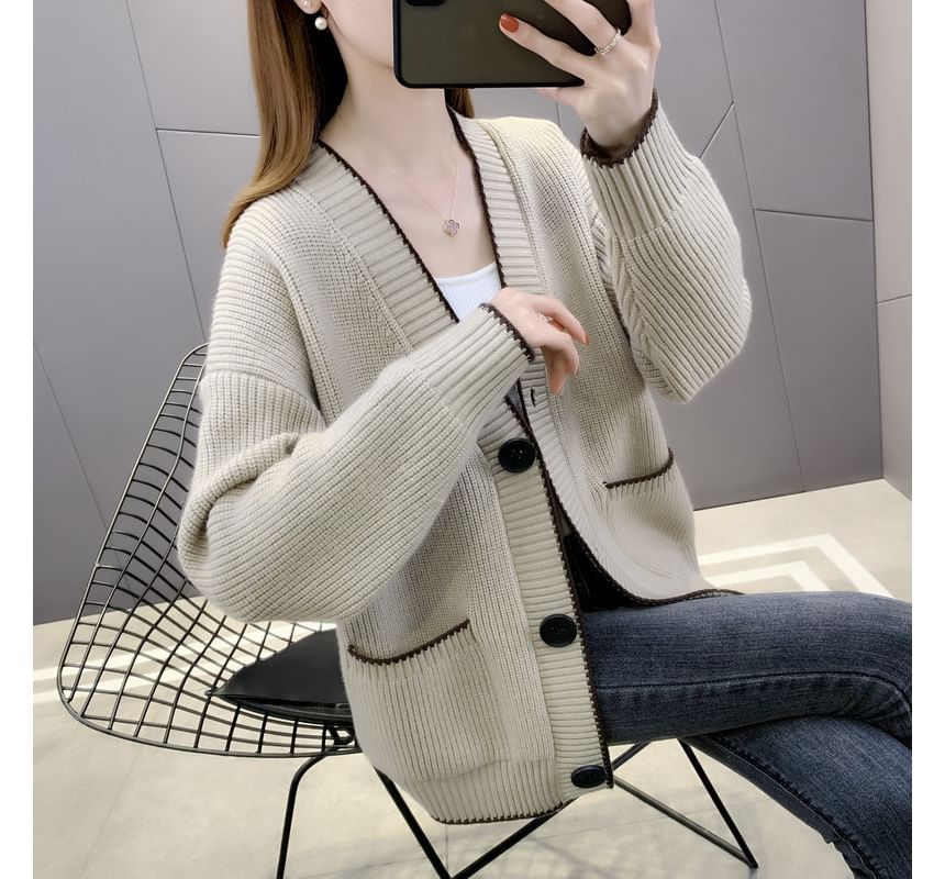 Contrast Trim Button-Up Cardigan
