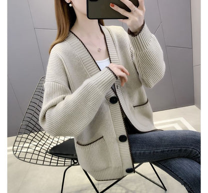 Contrast Trim Button-Up Cardigan