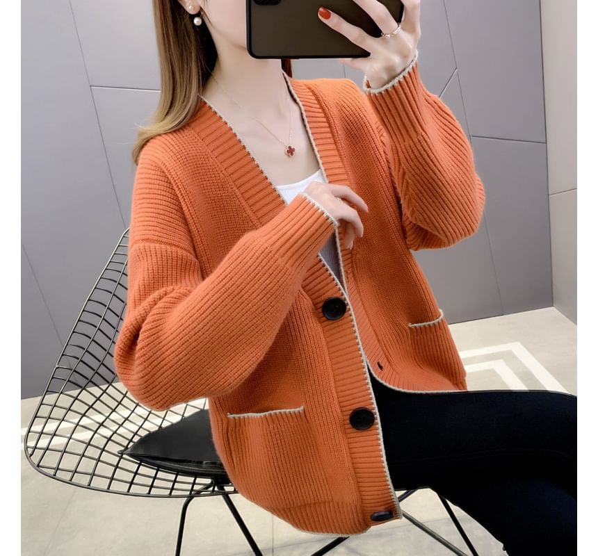 Contrast Trim Button-Up Cardigan