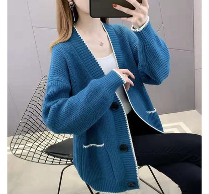 Contrast Trim Button-Up Cardigan