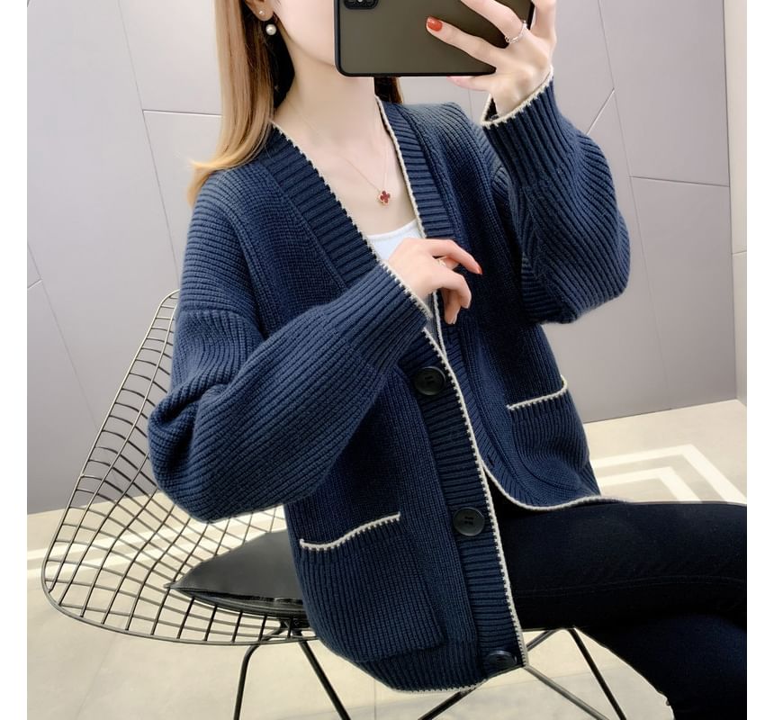 Contrast Trim Button-Up Cardigan