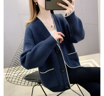 Contrast Trim Button-Up Cardigan