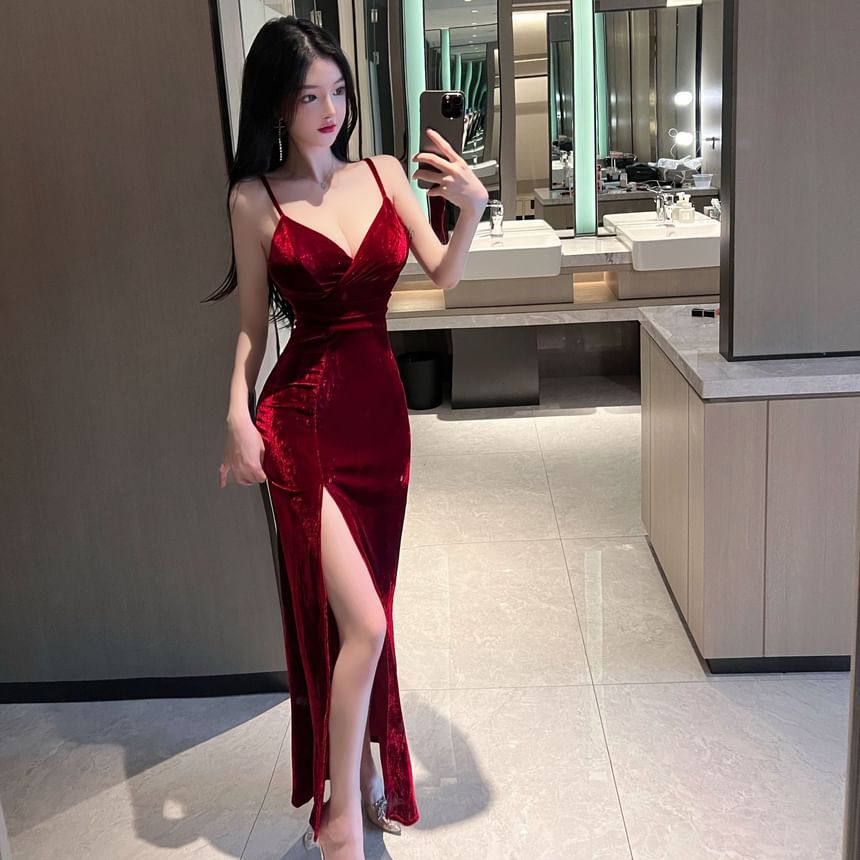 Velvet Slit V-Neck Sheath Maxi Dress