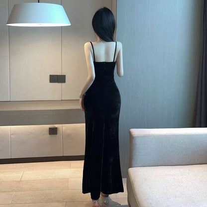 Velvet Slit V-Neck Sheath Maxi Dress