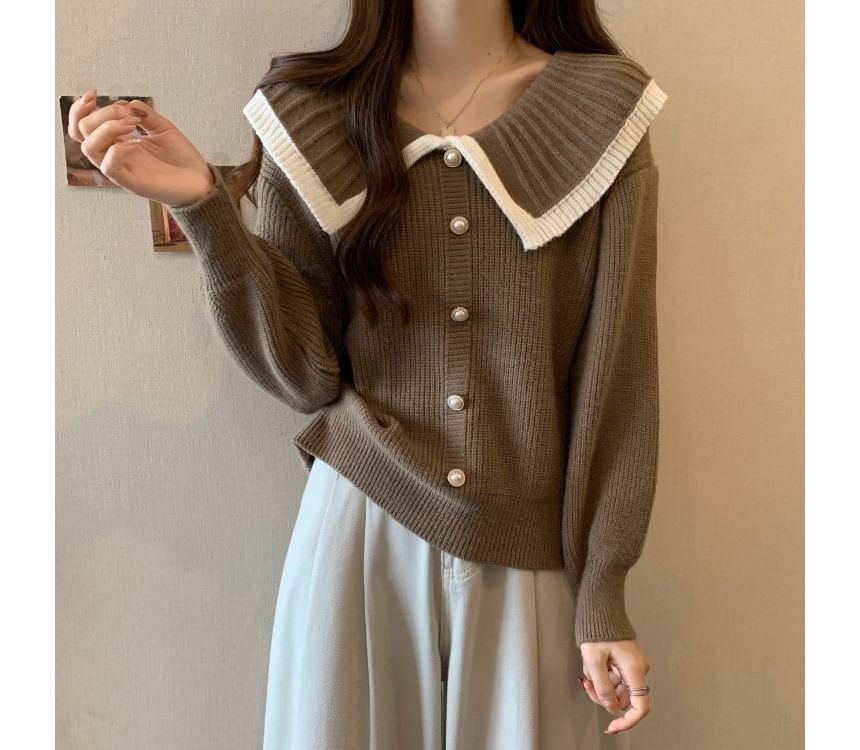 Collared Faux Pearl Button-Up Cardigan