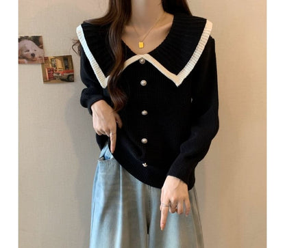 Collared Faux Pearl Button-Up Cardigan