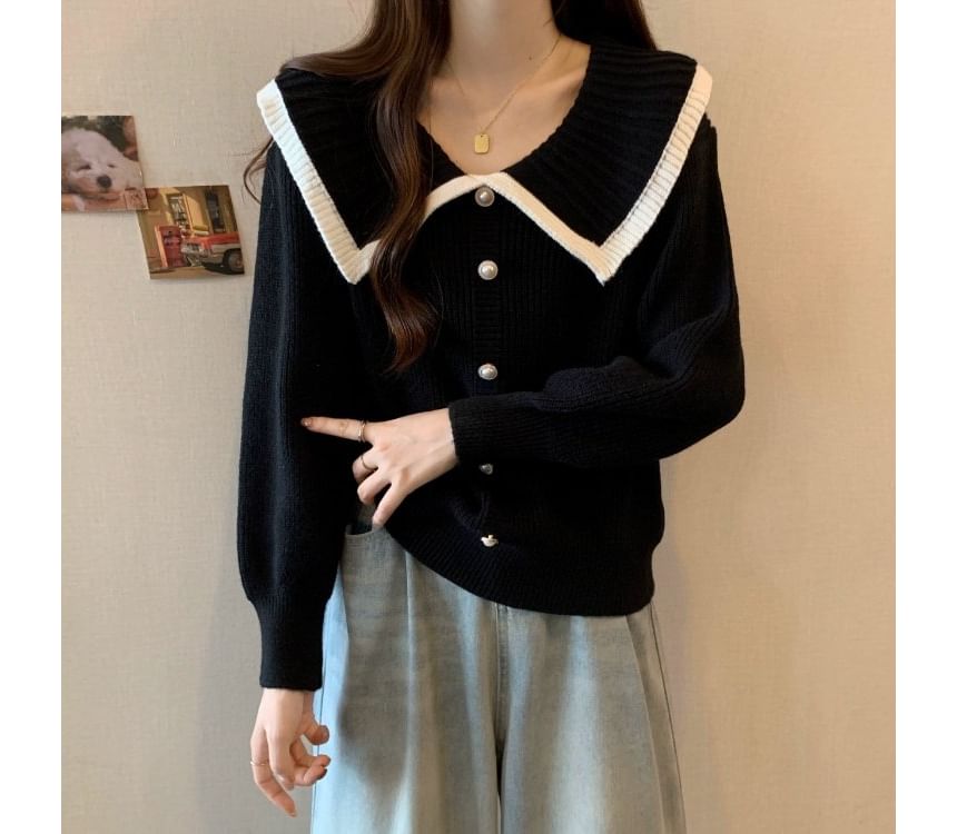 Collared Faux Pearl Button-Up Cardigan