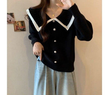 Collared Faux Pearl Button-Up Cardigan