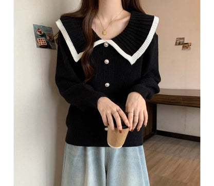 Collared Faux Pearl Button-Up Cardigan