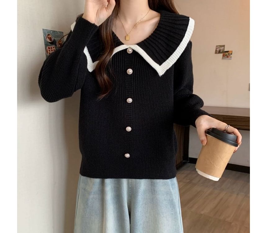Collared Faux Pearl Button-Up Cardigan