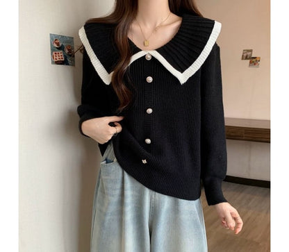 Collared Faux Pearl Button-Up Cardigan