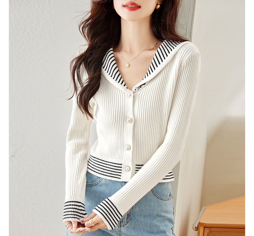Stripe Trim Ribbed Pearl Button Cardigan