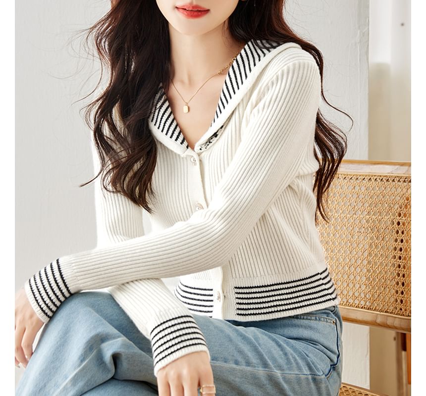 Stripe Trim Ribbed Pearl Button Cardigan