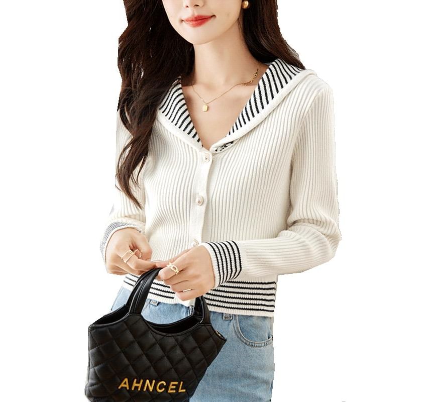 Stripe Trim Ribbed Pearl Button Cardigan