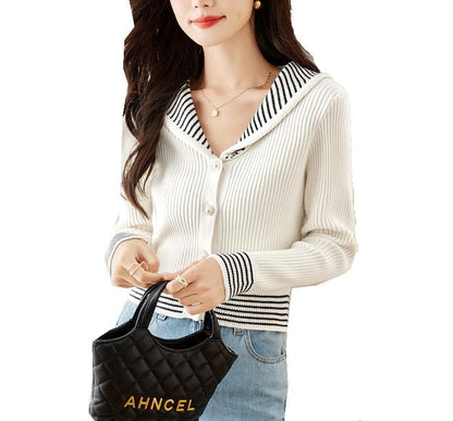 Stripe Trim Ribbed Pearl Button Cardigan