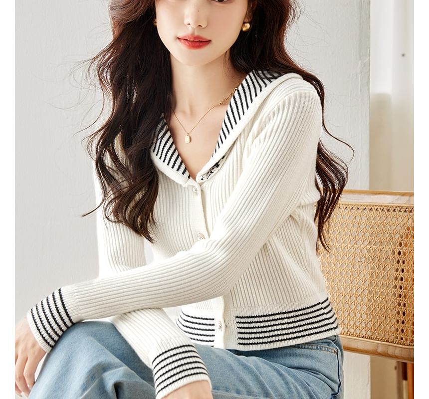 Stripe Trim Ribbed Pearl Button Cardigan