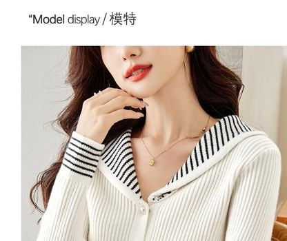 Stripe Trim Ribbed Pearl Button Cardigan