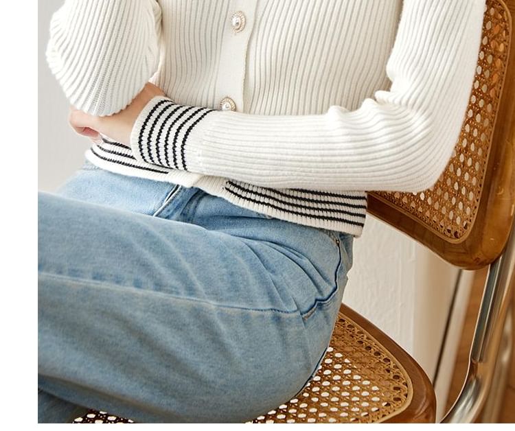 Stripe Trim Ribbed Pearl Button Cardigan