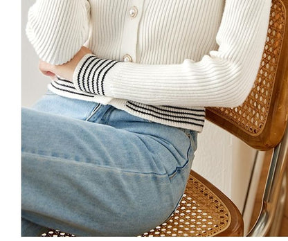 Stripe Trim Ribbed Pearl Button Cardigan