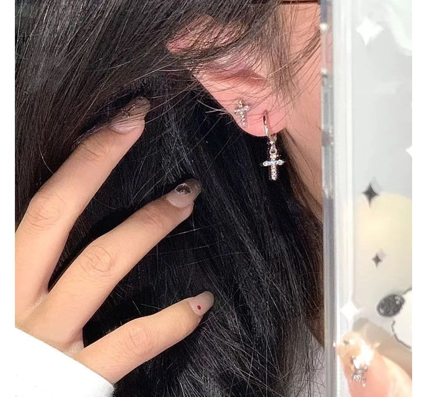Asymmetrical Rhinestone Cross Drop Earring Alloy