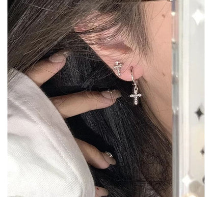 Asymmetrical Rhinestone Cross Drop Earring Alloy
