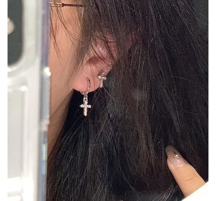 Asymmetrical Rhinestone Cross Drop Earring Alloy