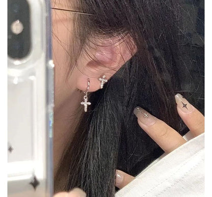 Asymmetrical Rhinestone Cross Drop Earring Alloy