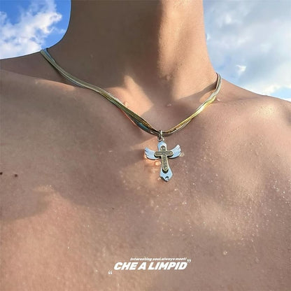 Pendant Layered Necklace Alloy Cross