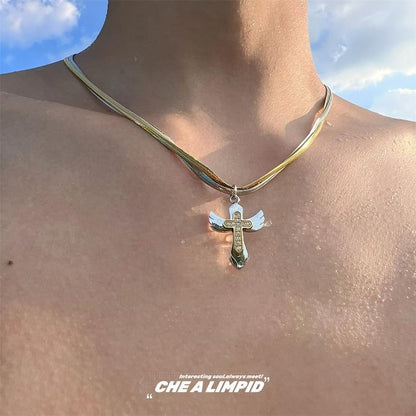 Pendant Layered Necklace Alloy Cross