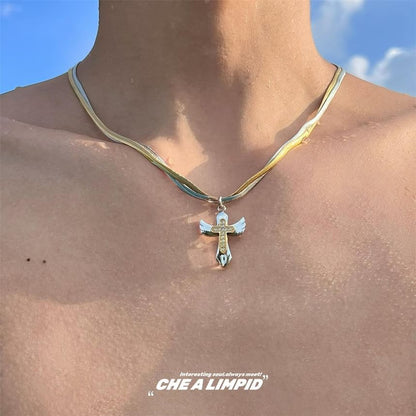 Pendant Layered Necklace Alloy Cross