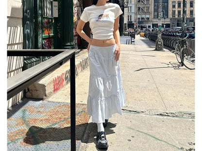 Tiered Maxi A-Line Skirt with Mid-Rise Waistband