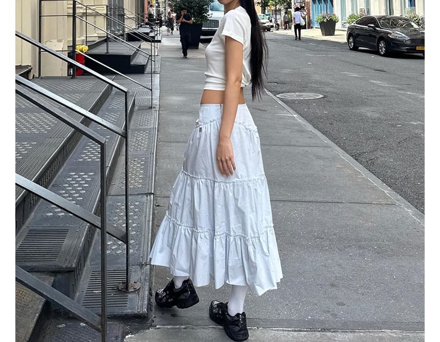 Tiered Maxi A-Line Skirt with Mid-Rise Waistband