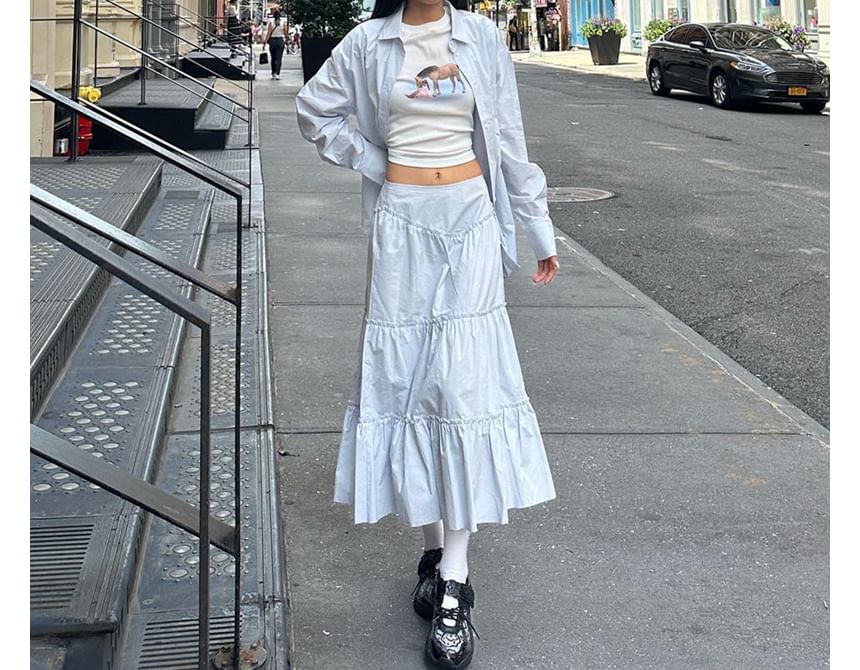Tiered Maxi A-Line Skirt with Mid-Rise Waistband