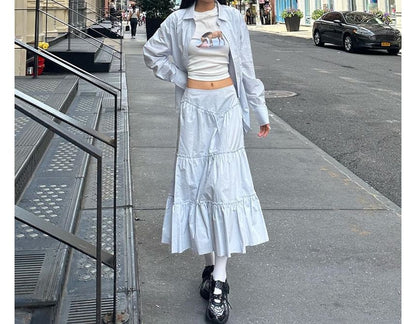 Tiered Maxi A-Line Skirt with Mid-Rise Waistband