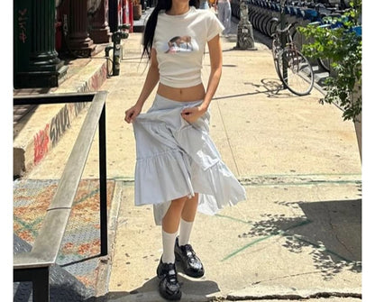 Tiered Maxi A-Line Skirt with Mid-Rise Waistband