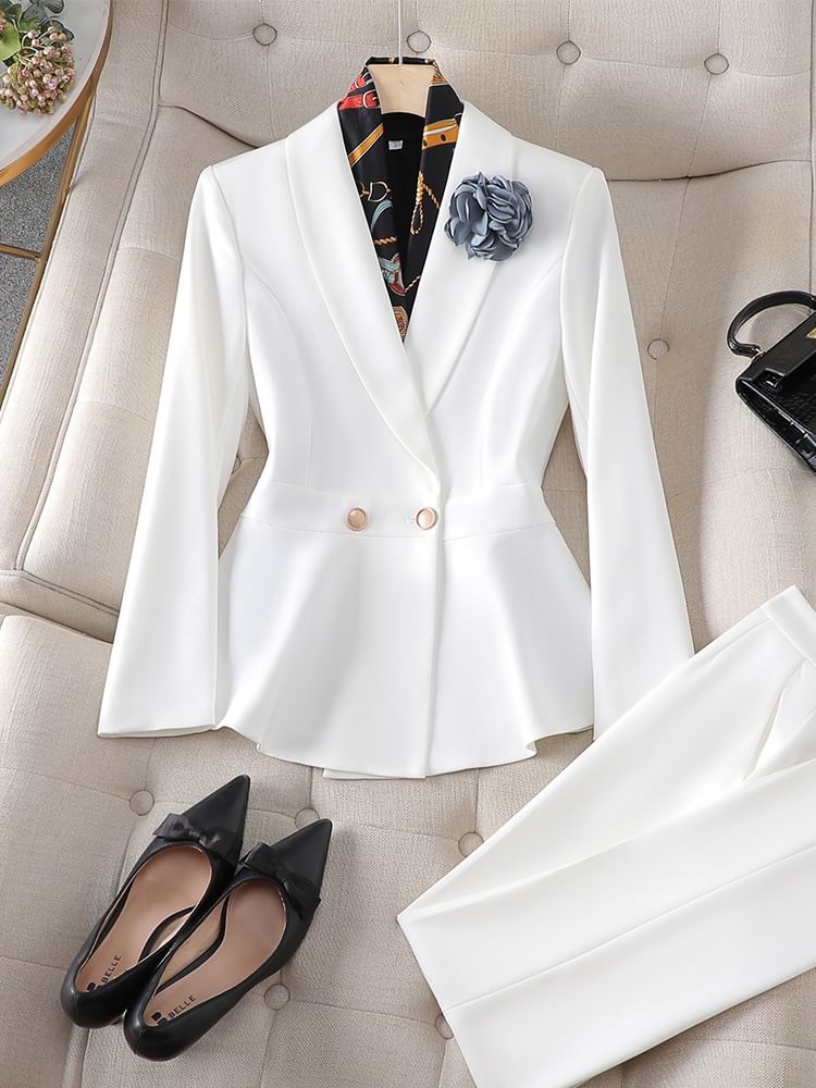 Double-Breasted Blazer, High-Rise Pencil Skirt, and Suit Trousers Set