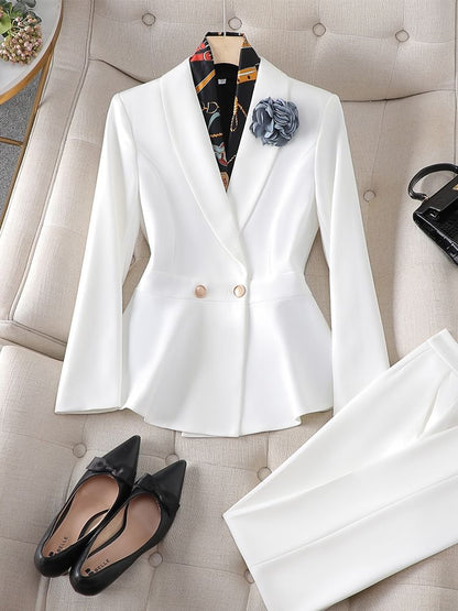 Double-Breasted Blazer, High-Rise Pencil Skirt, and Suit Trousers Set