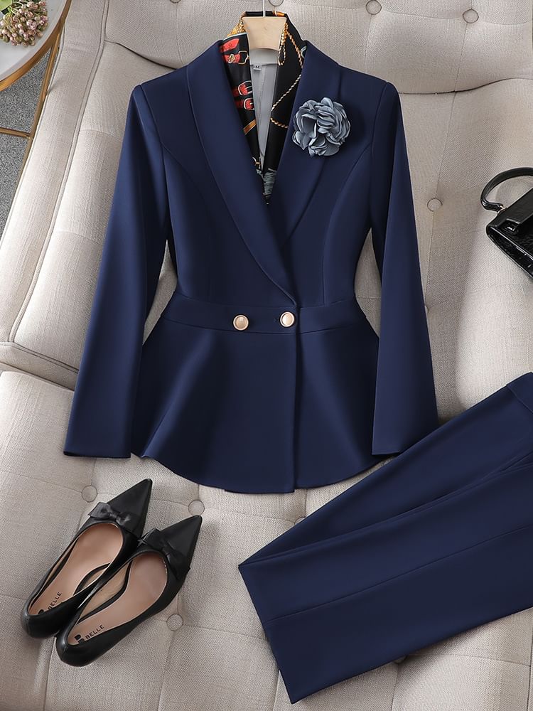 Double-Breasted Blazer, High-Rise Pencil Skirt, and Suit Trousers Set